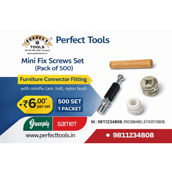 Mini fix Screws Set (Pack of 01 set of 500 per set rs.6.00) - Furniture Connector Fitting with minifix cam, bolt, nylon bush 